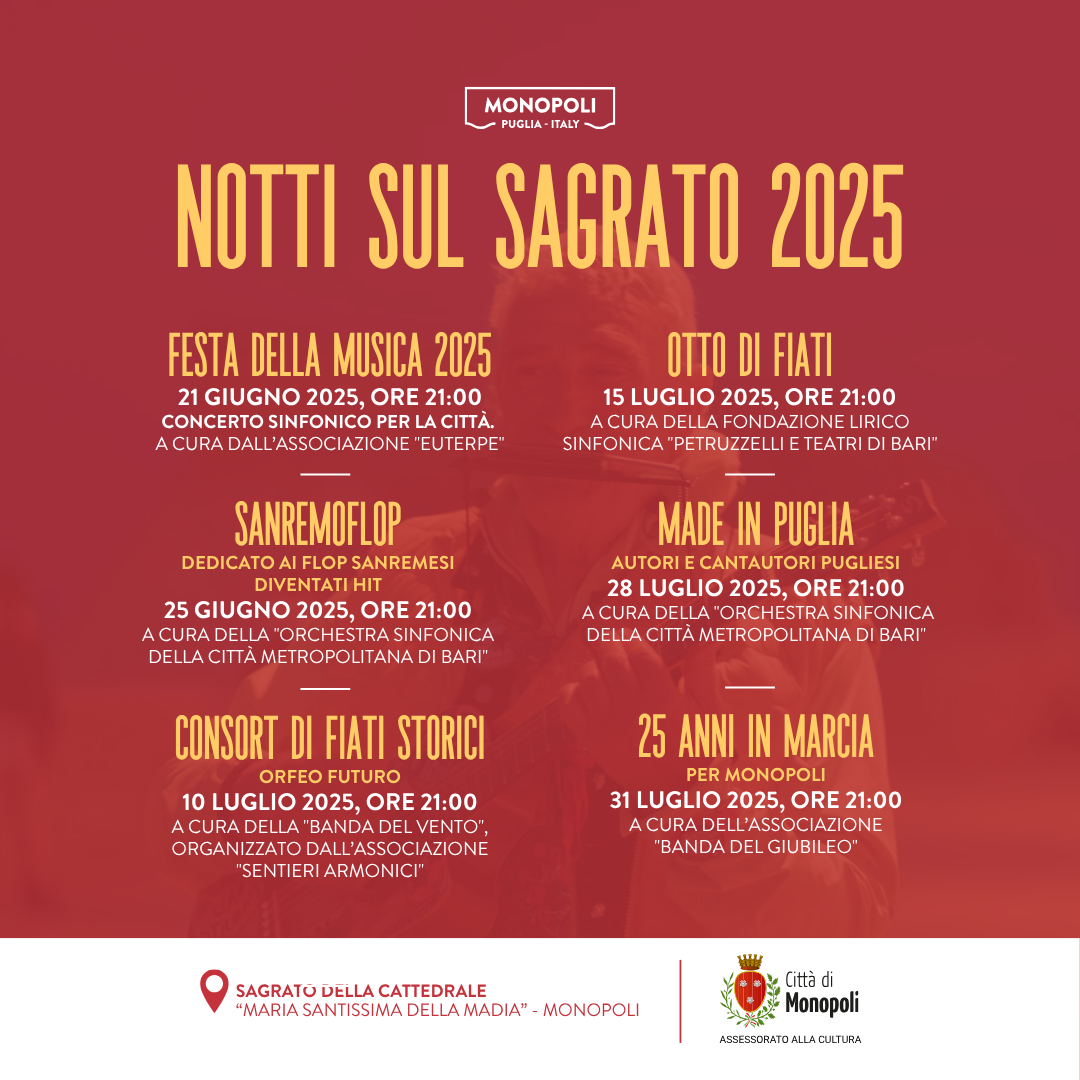MONOPOLI - Dal 21 giugno 2025 sei “Notti sul Sagrato” della Cattedrale